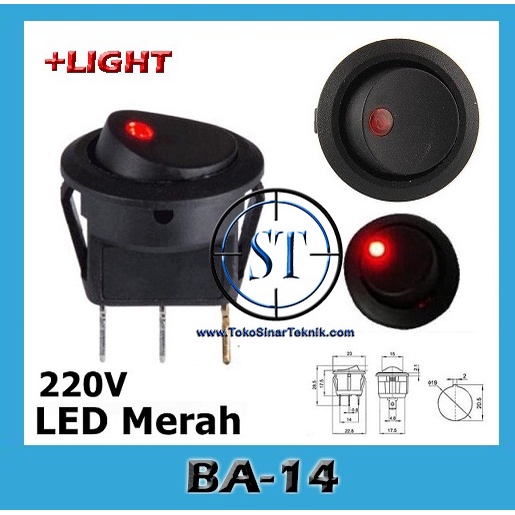 Rocker Switch Bulat 3 Pin Ac 220V + LED 3mm Saklar Round 10A 3P BA-14B