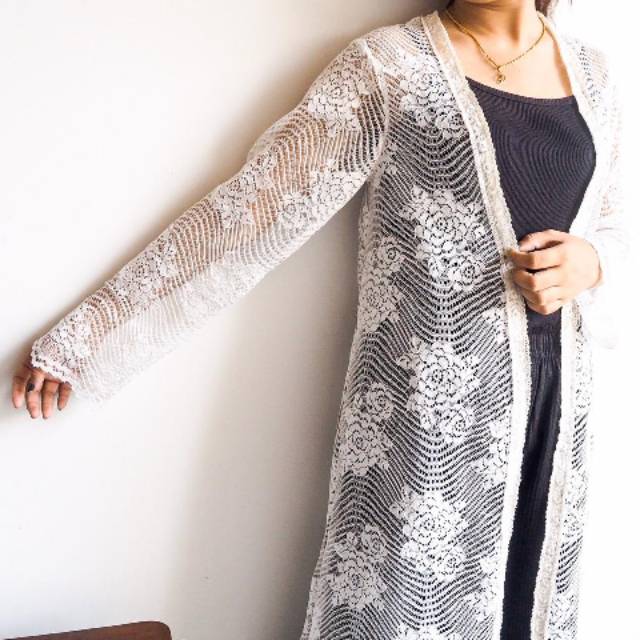 Long kardigan/ kardigan dewasa/brokat/putih/Baju Kardigan wanita dewasa bahan brokat/aouther/atasan/