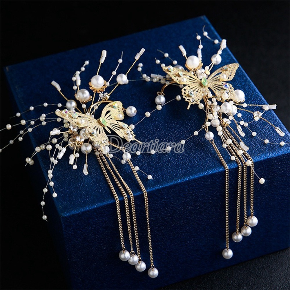 Bridal Jewelry Side Earhook Hair Accessories Golden Butterfly Tassel Jewelry Korean Style Wedding Dress Accessories