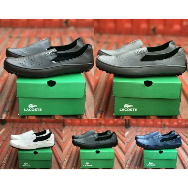 SEPATU SANTAI SLIP ON KASUAL LACOSTE ORIGINAL KULIT WARNA HITAM PUTIH BIRU ABU COKLAT NYAMAN DIPAKAI
