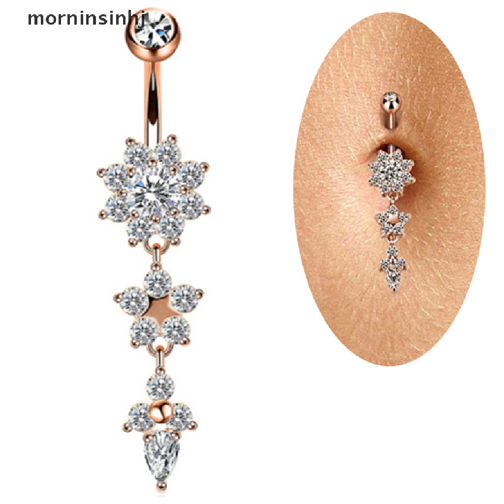 Mornin 6pcs / Set Anting Tindik Perut / Pusar Aksen Kristal Bahan Stainless Steel Untuk Wanita