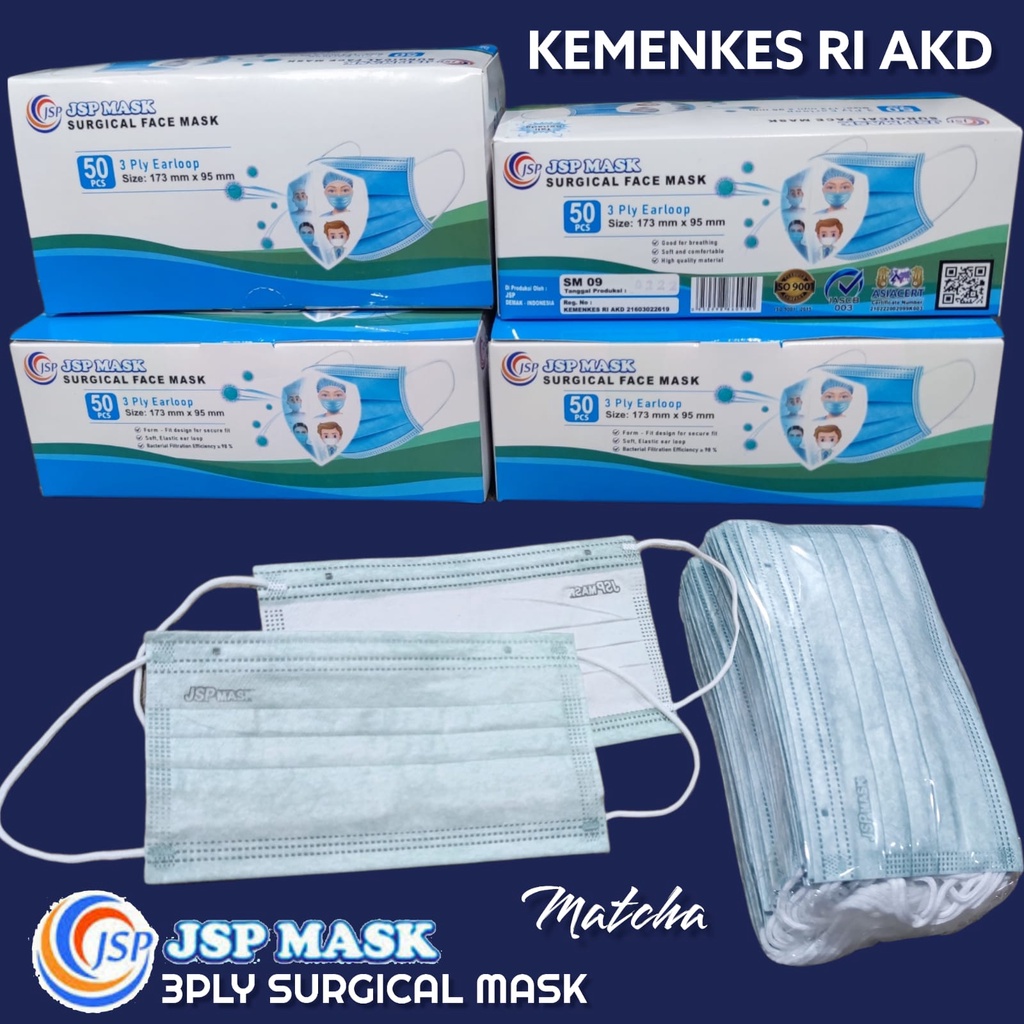 MASKER MEDIS JSP 3 PLY SURGICAL MASK EARLOOP HIJAB ISI 50 PCS KEMENKES RI AKD