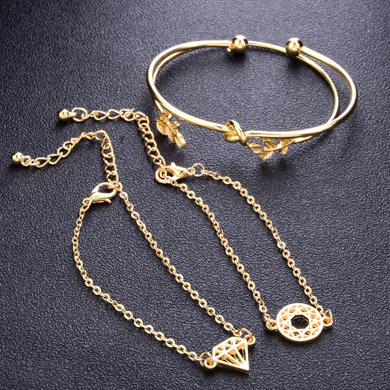 Set Perhiasan Gelang Rantai Cuff Emas Bentuk Daun Simpul Gaya Boho Untuk Wanita