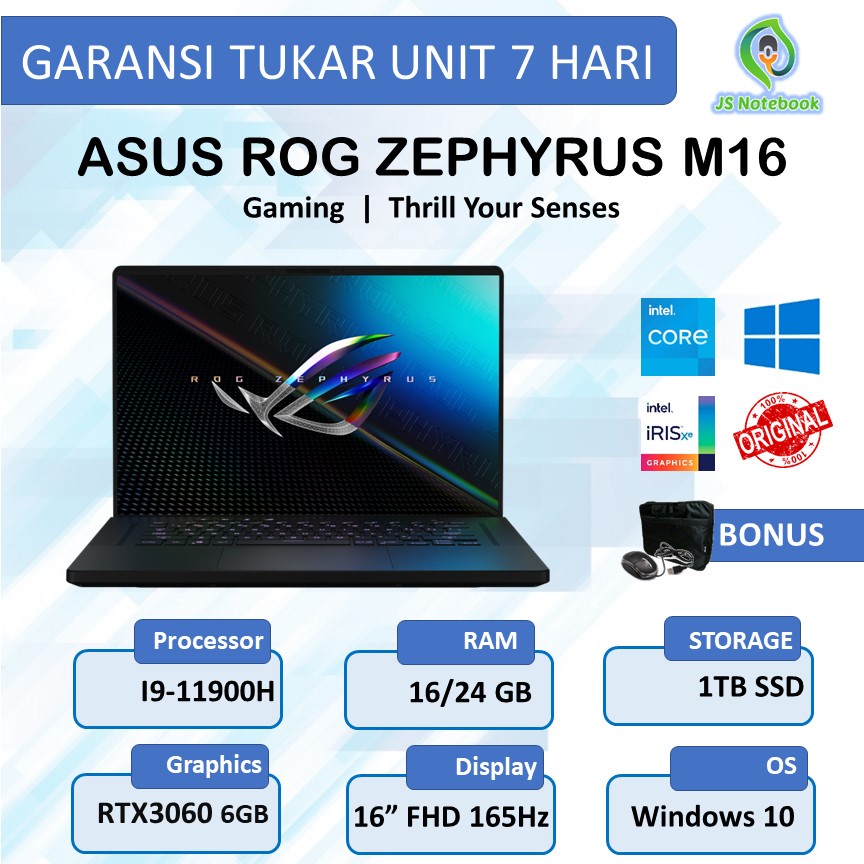 Asus ROG Zephyrus M16 i9 11900H 16GB 1TB SSD RTX3060 6GB Full HD 165Hz GU603