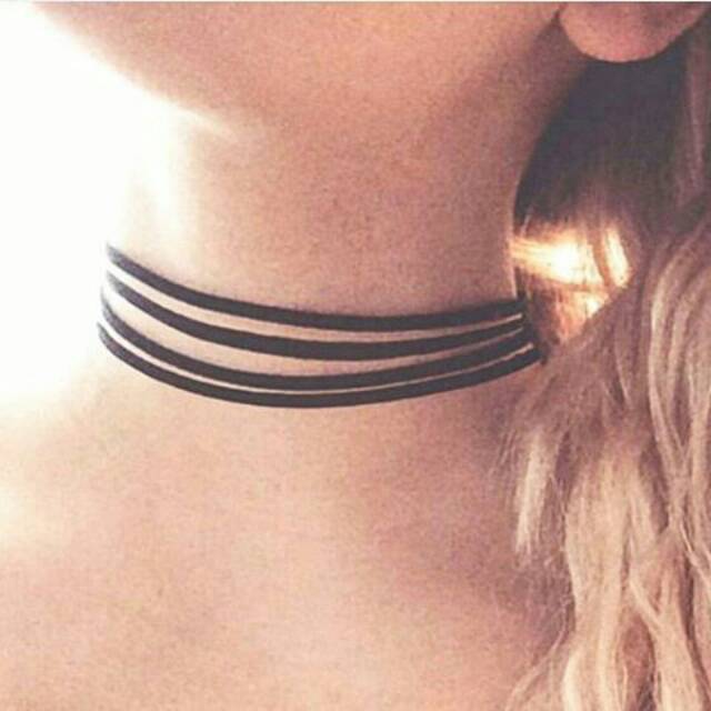 Black Multi Layer Suede Choker Necklace 4 Row | Kalung Handmade