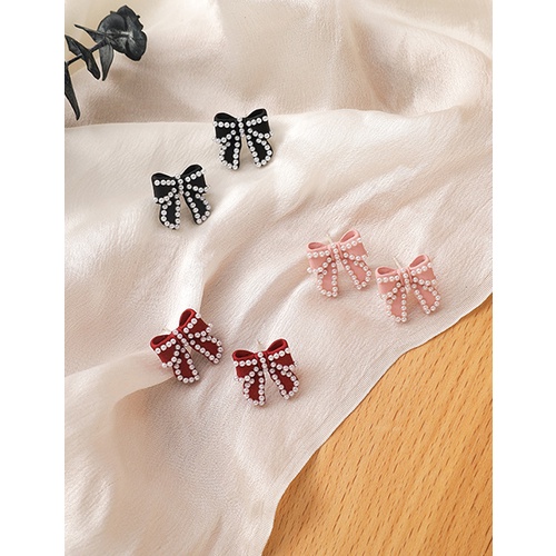 LRC Anting Tusuk Fashion Red Blue Bow Pearl Alloy P2745X