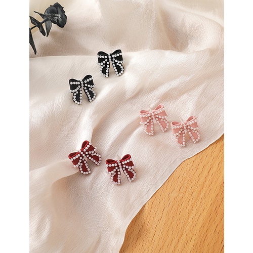 LRC Anting Tusuk Fashion Red Blue Bow Pearl Alloy P2745X