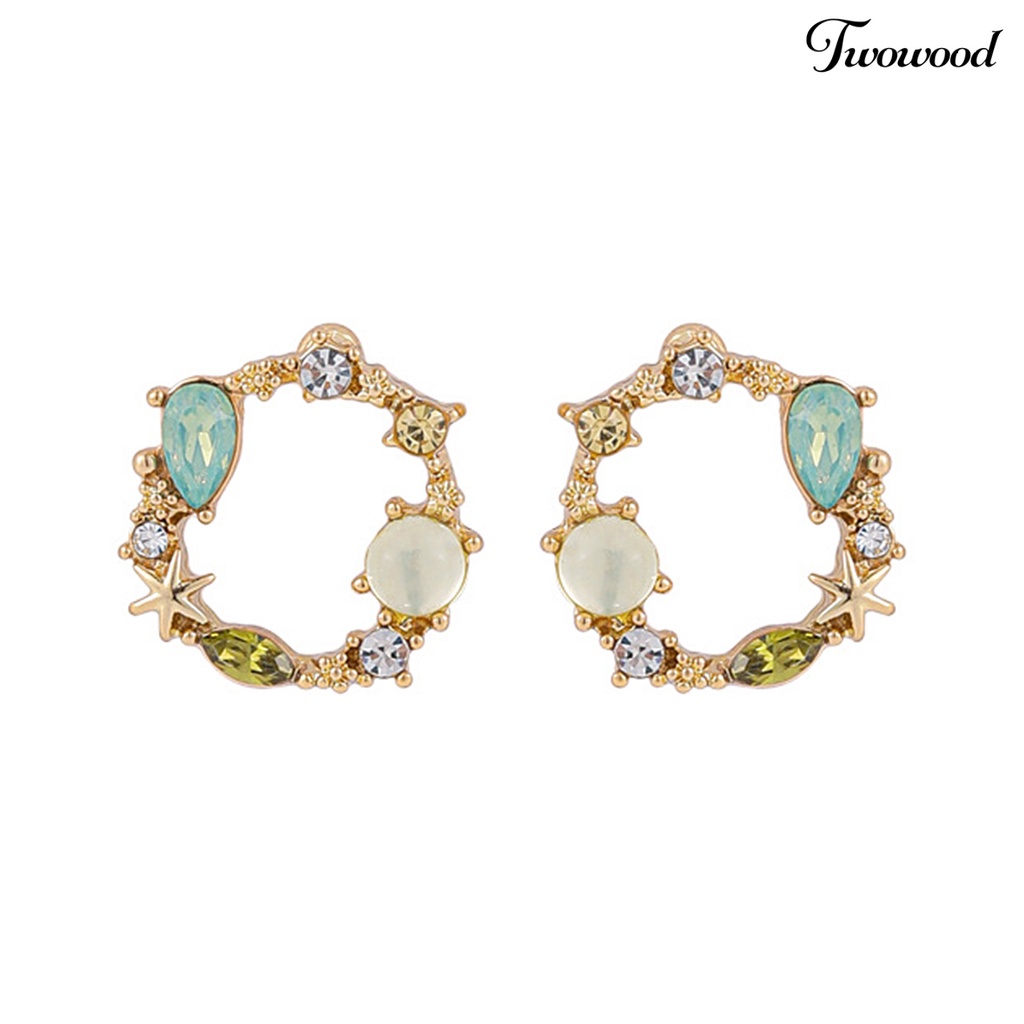 Twowood 1 Pair Alloy Studs Earrings Exquisite Geometric Rhinestone Wreath Piercing Ear Studs for Daily Life