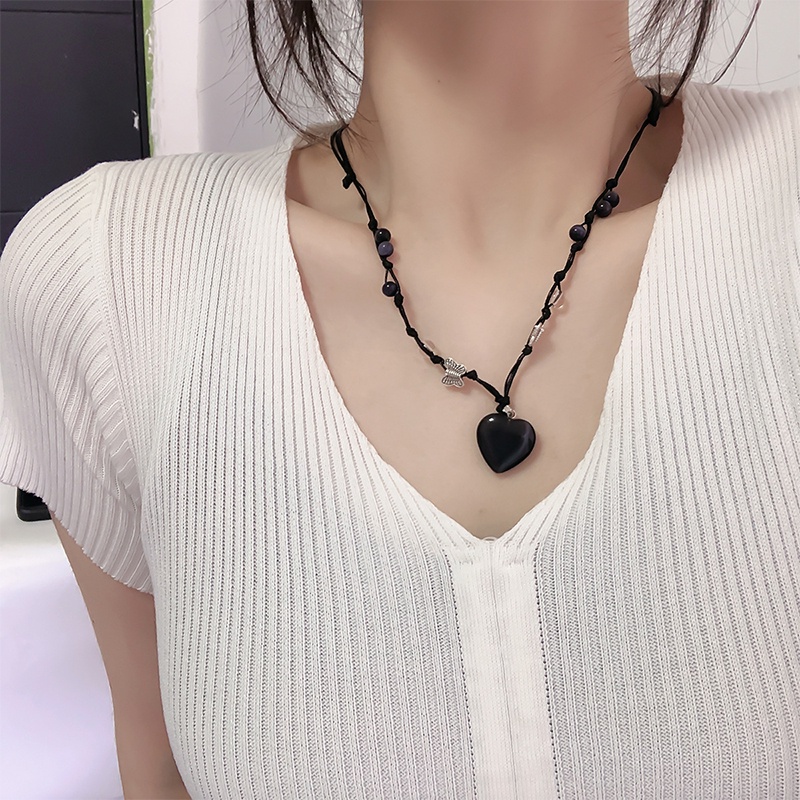 Butterfly Kalung Rantai Clavicle Liontin Desain Kupukupuhati Hias Opal Hitam Untuk Wanita