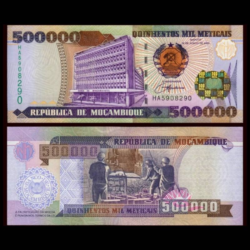 UANG ASING MOZAMBIQUE 500000 METICAIS 2003 UNC GRESS NOMINAL TERBESAR