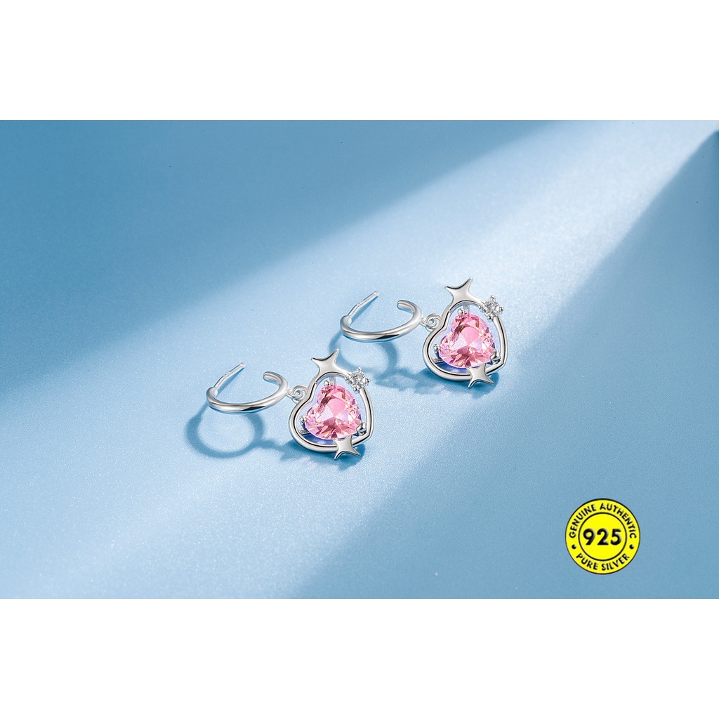 Anting Tusuk Sterling Silver 925 Desain Hati Hollow Hias Berlian Pink Untuk Wanita U933