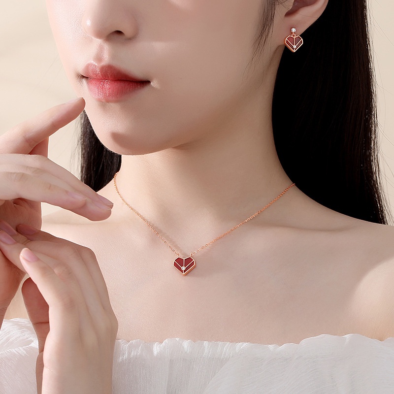 [925Perhiasan Perak] s925 Sterling Silver Cinta Hati Anting-Anting Perempuan Sederhana ins Rose Gold Merah Akik Peach Jantung Anting-Anting Influencer Anting Berkelas