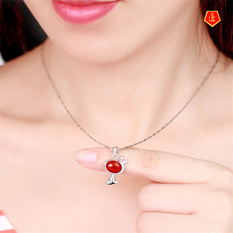 [Ready Stock]925 Silver Red Agate Necklace for Women Chinese Zodiac Dog Auspicious Cute