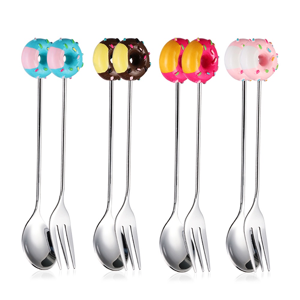 REBUY Doughnut Teaspoon High Quality Fruit Fork Coffee Spoon Ice Cream Kitchen Tool Creative Stainless Steel Fashion Sugar Stirring Spoon