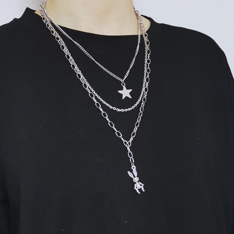 【MHANG】Retro Fashion Multilayer Bunny Pendant Necklace Hip-hop Style Thick Chain Star Clavicle Chain Light Luxury Ladies Accessories