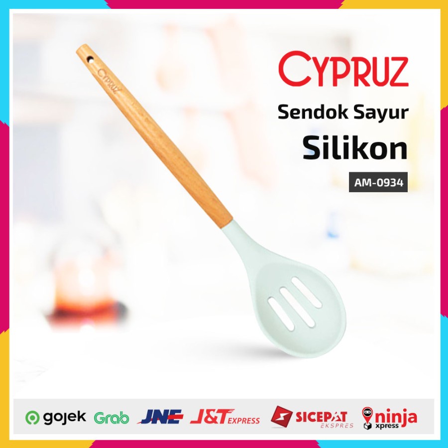 Cypruz Kitchen Tool Silicone AM0934 Sendok Sayur Lubang Gagang Kayu