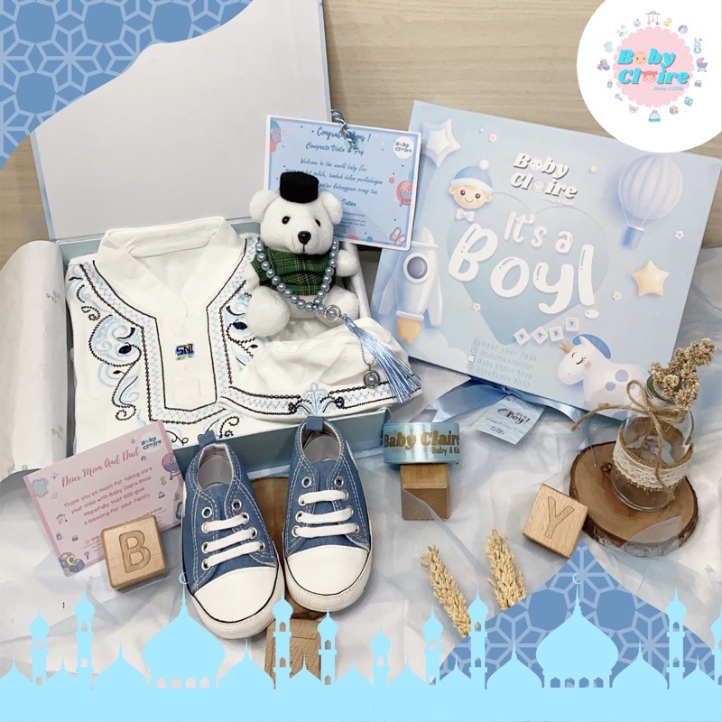 Hampers baby boy baju baju koko, gamis & hijab baby girl, kado lahiran bayi,hampers baby boy,hampers baby girl,kado aqiqah,parcel bayi, hampers lebaran, ulang tahun anak-Biru panjang sepatu