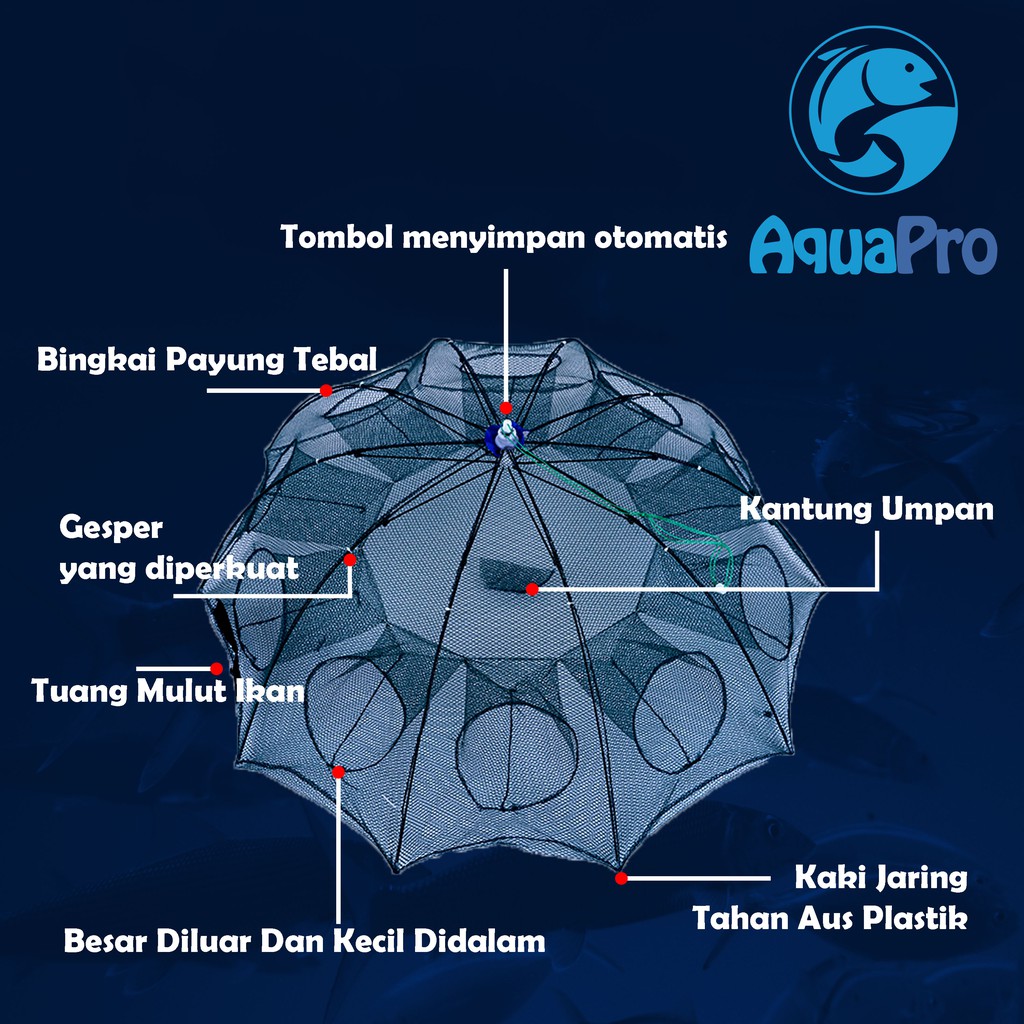 Aquapro Payung Bubu 8 Tipe Jaring Jebakan Perangkap Udang ikan Kepiting 2/4/6/8/10/12/16/20 Lubang