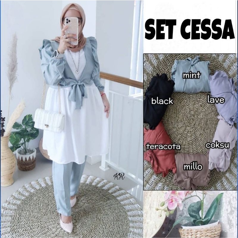 SET CELANA FASHION CESSA 3in1, MOSCREPE PREMIUM, GAMIS HIJAB MUSLIM, OUTER SETELAN