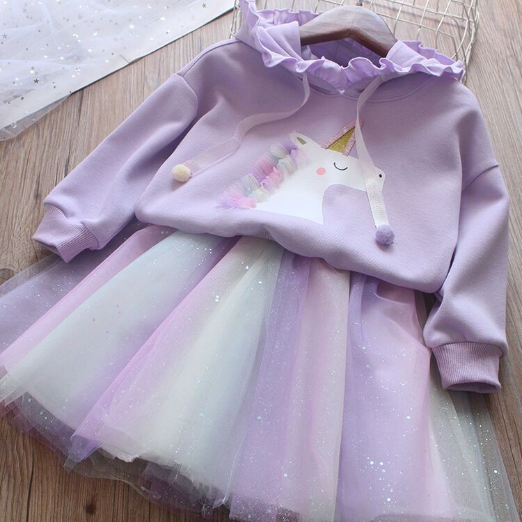 Setelan baju Sweater Hoodie Rok Tutu Rainbow Unicorn anak cewek import-Dress Unicorn anak Perempuan