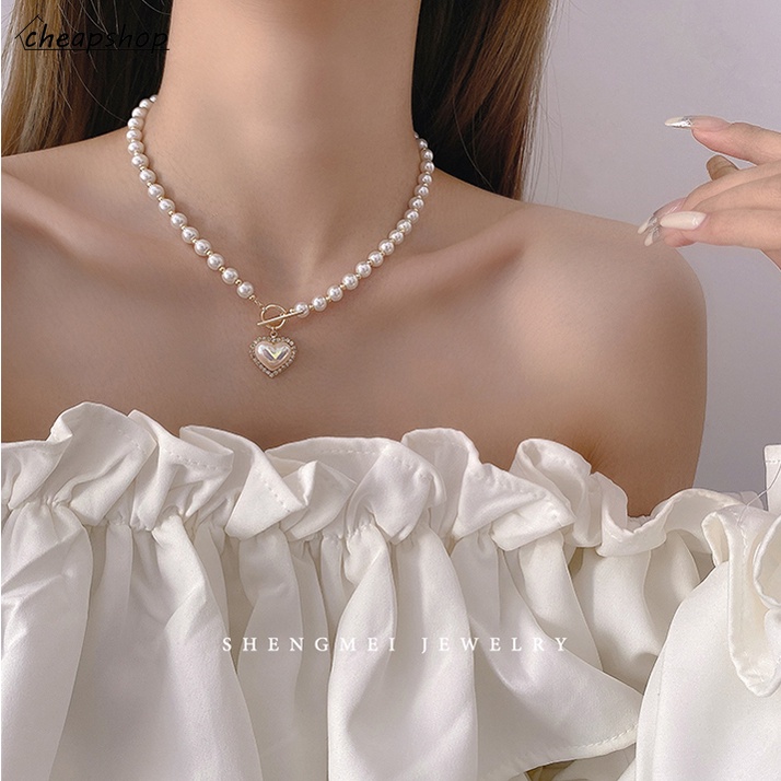IFYOU Fashion Pearl Necklace Crystal Love Pendant Gold Necklace Women Jewelry Accessories Gift