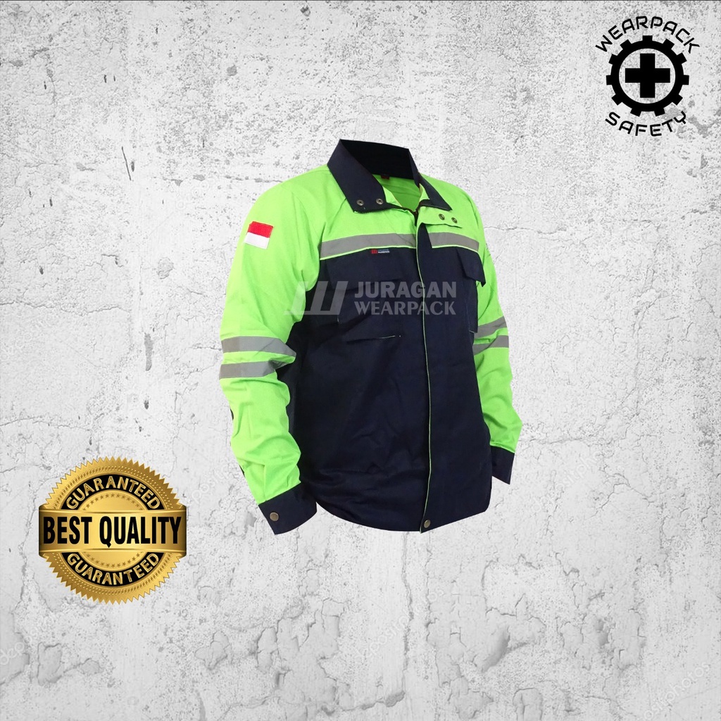 Wearpack Safety / Baju Kerja Safety Warna Hijau Stabilo Kombinasi Biru Navy