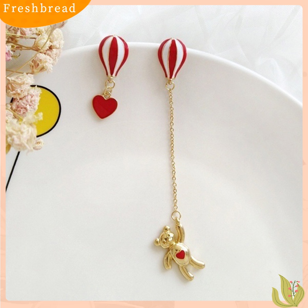 Fresh| Anting Tusuk Gantung Asimetris Desain Hati / Beruang / Balon Udara Untuk Wanita