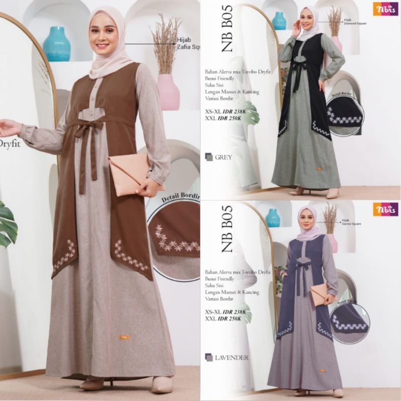 NB B05 ALMOND, GREY, LAVENDER GAMIS NIBRAS Material Alerva Mix Toyobo Dryfit - Busui Friendly (abuza
