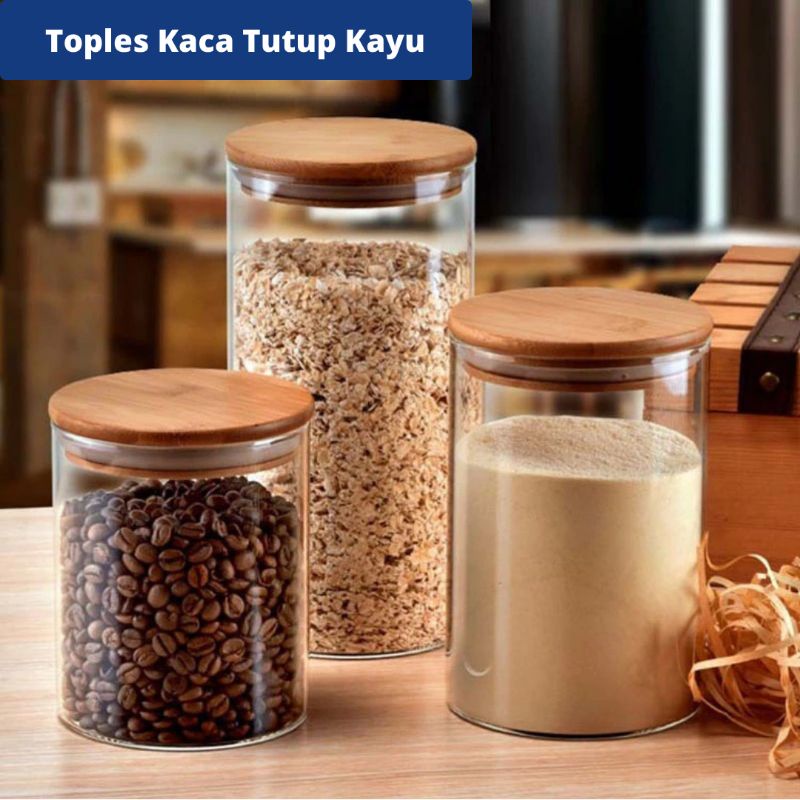 Jual Toples Kaca Tutup Kayu Toples Bulat Toples Aesthetic Toples Makanan Kue Sereal