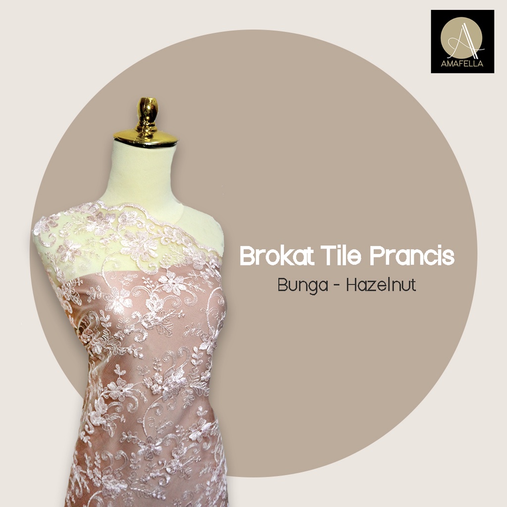 1/2 meter Kain Brokat Tile Prancis Bahan Kebaya Motif Bunga Hazelnut