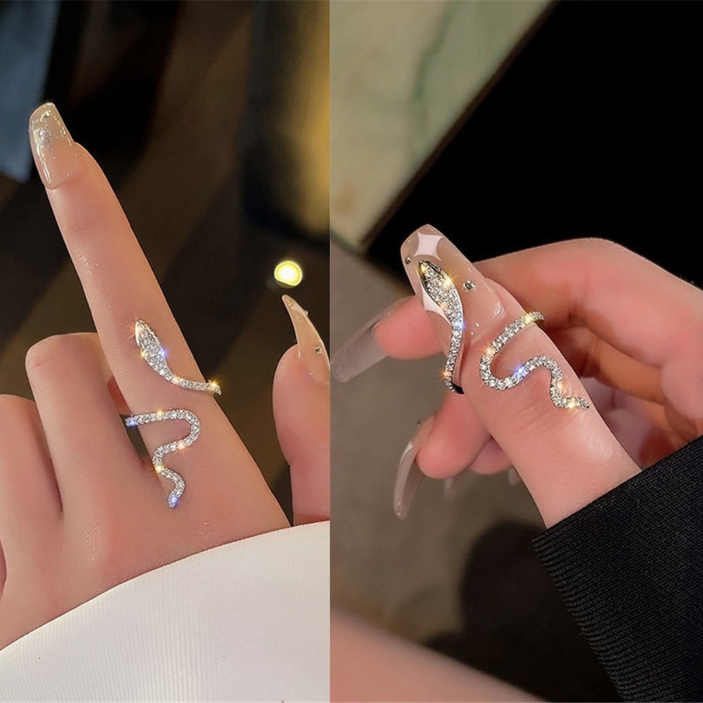 Cincin Jari Telunjuk Model Terbuka Desain Ular Full Berlian Warna Silver Untuk Wanita