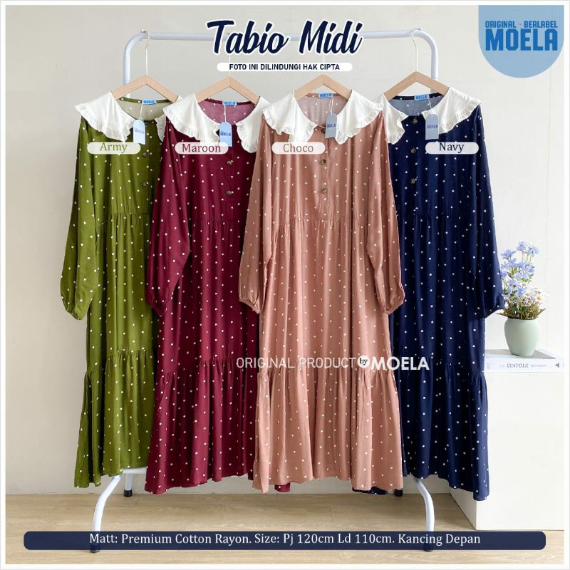 732 Tabio midi dress by Moela gamis midi rayon super motif polkadot ld 110 pj 120 kancing aktif busu