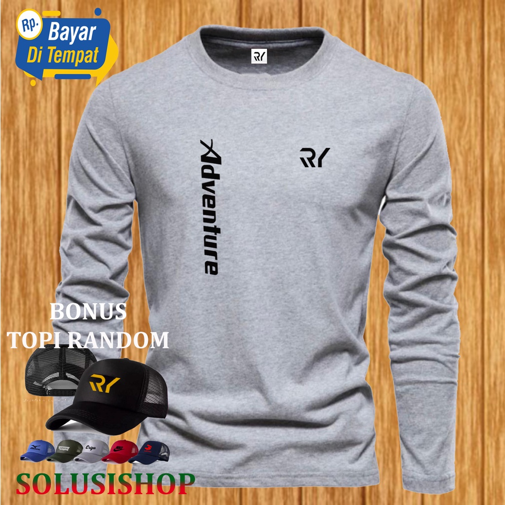 Kaos Keren / Kaos Distro / Lengan Panjang RY adventure Tegak Hitam + Topi Keren