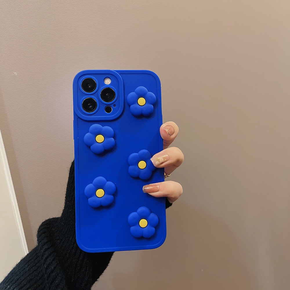 IPHONE 3d Flowers Klein Blue Silikon Warna Solid Casing Ponsel Untuk Iphone7 8 PLUS X XR XS 11 12 13 14 MINI PRO MAX SE 2020 Cover