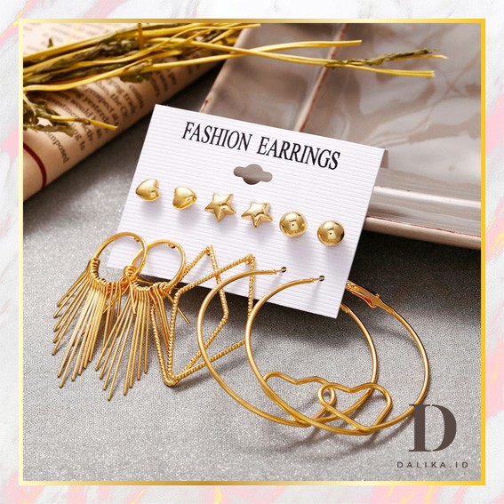 Anting Set Korea 6 Pasang Anting Tusuk Hoops dan Rumbai Dalika