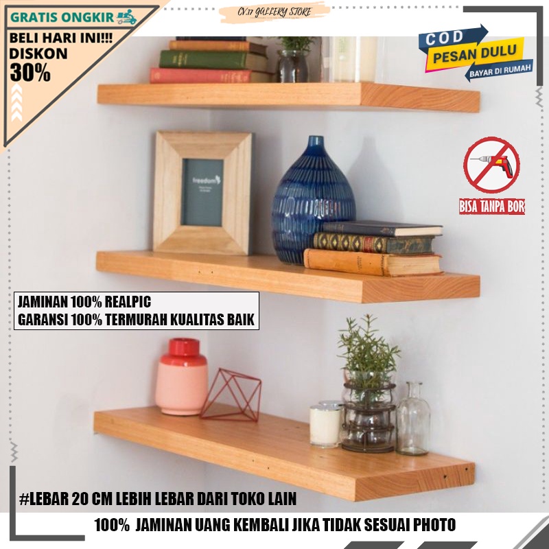 Rak Hiasan Dinding Kayu Lebar 20CM Ambalan Hambalan 3 PCS Tempat penyimpanan Pajangan Tanaman Hias Bunga Buku Kosmetik make up Kopi Bumbu Dapur Perlengkapan Dekoras Rumah Dingding Tembok Tempel Ruang Tamu Kamar Tidur Cowok Susun Rumah Minimalis Murah 20Cm