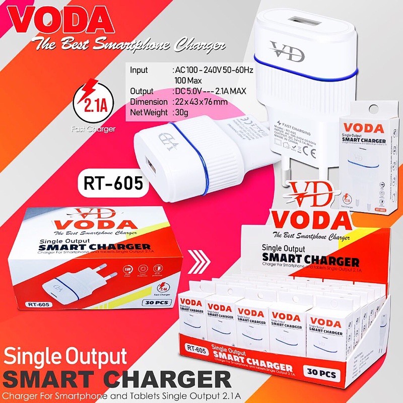 Kepala Batok Charger VODA Single 5V - Kepala Casan Hp / Trevel Charger 2.1A