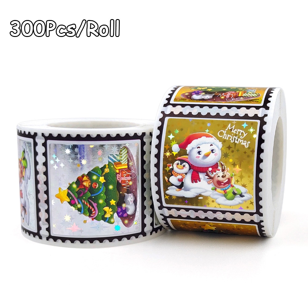 300 Pcs Stiker Rolls Desain Snowman Dan Pohon Natal Untuk Dekorasi Bungkus Hadiah