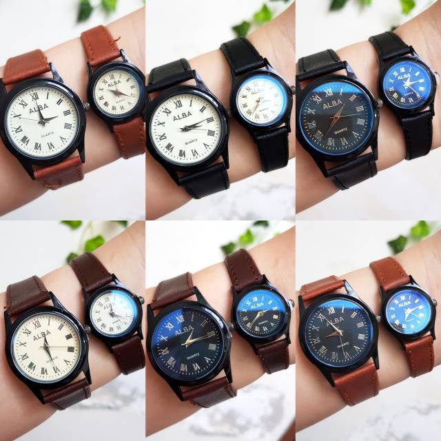 Jam Tangan Couple/Pria/Wanita Alba Strap Kulit Detik Bawah Off Plat Hitam