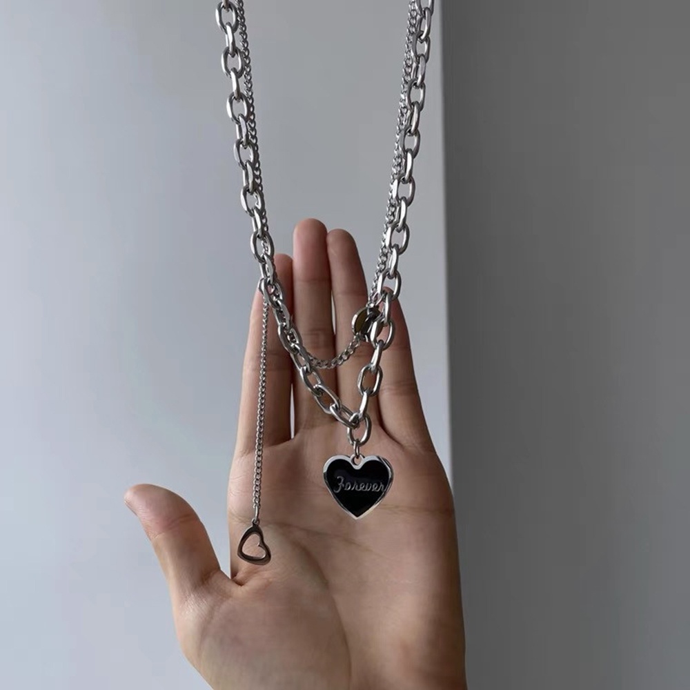 Kalung Rantai Tulang Selangka Lapisan Ganda Bentuk Hati Warna Hitam Gaya hip-hop Untuk Wanita