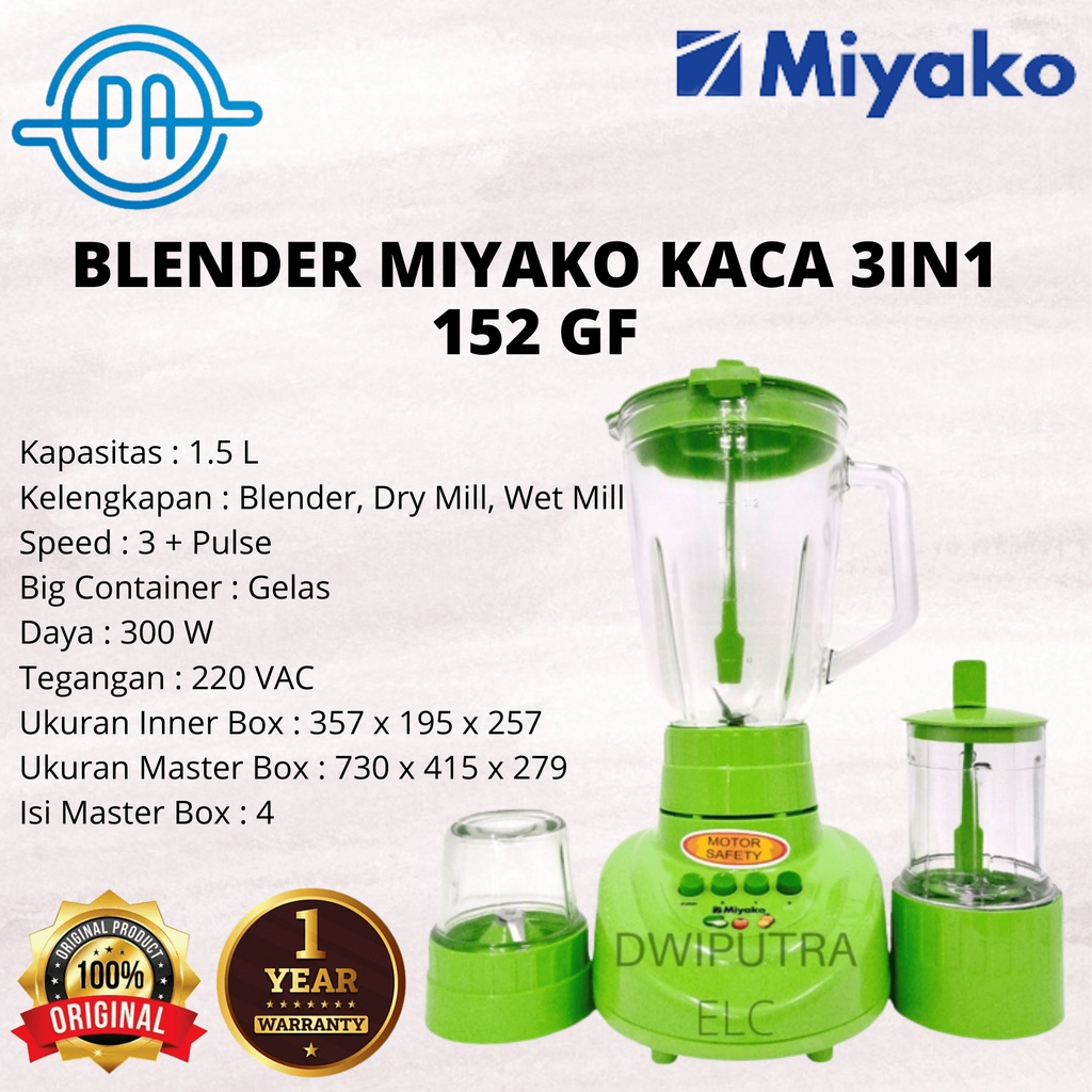 BLENDER MIYAKO KACA 3 IN 1 152 GF BIG CAPACITY FOOD GRADE WITH DRY MILL &amp; WET MILL