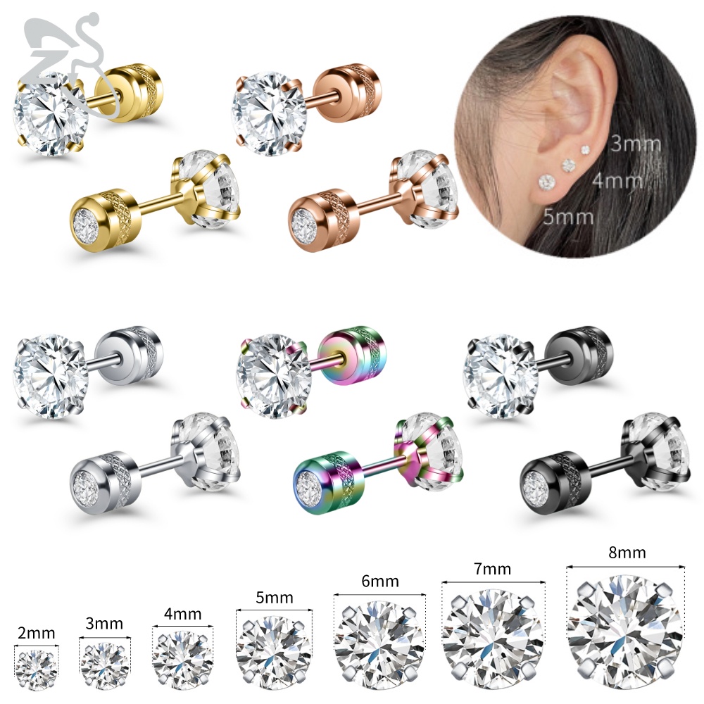 1pc Anting Stud Kristal Ganda Bentuk Bulat Bahan Stainless Steel 5 Warna Ukuran 2-8mm