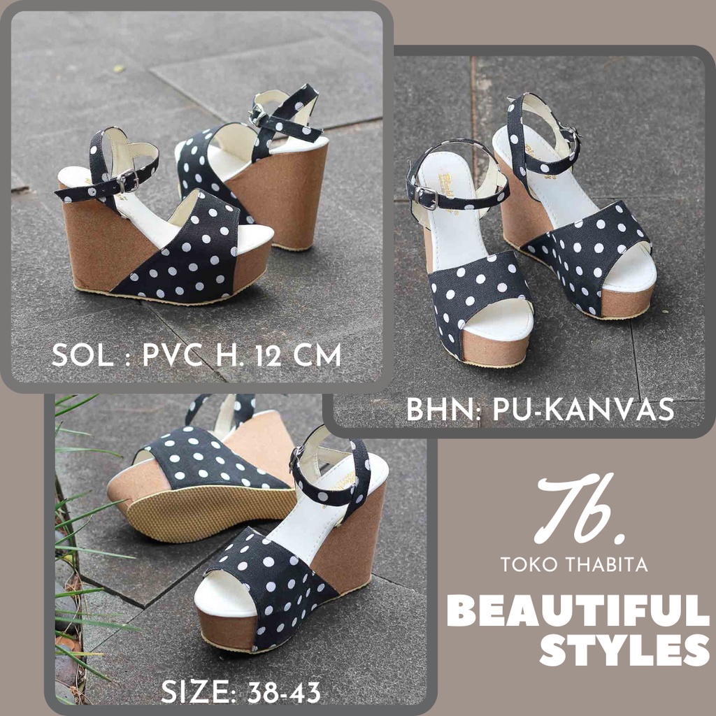 Sandal Wedges Wanita Fashion Tali Hak Heels 12 cm Polkadot Laica Series Blackkelly Original