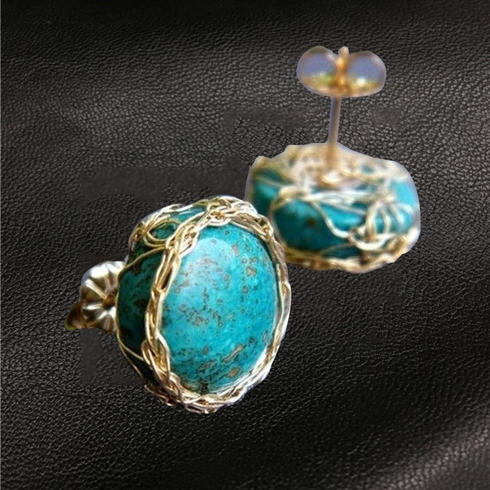 Perhiasan Anting Stud Bentuk Bulat Turquoise Tiruan Gaya Vintage Untuk Hadiah Wanita