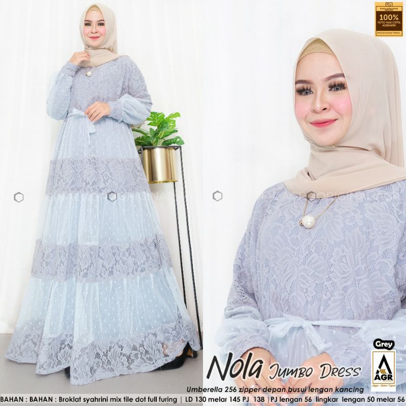 NOLA JUMBO DRESS/GAMIS MUSLIMAH JUMBO LD 130-145/GAMIS BROKAT MIX TILE FULL FURING/BUSUI JIPER DEPAN