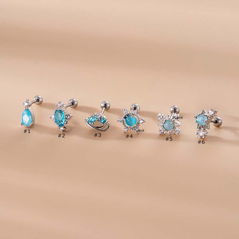 1pc Anting Tindik Bahan Steel Hias Zircon Biru 20Gauge Untuk Wanita