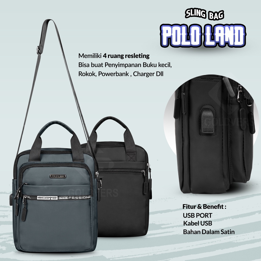 Tas Selempang Pria Slingbag Cowok Slempang Pria POLO LAND + FREE KABEL USB - Distributor