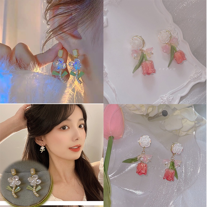 Anting Mutiara Bentuk Bunga Tulip Warna Pink Gaya Retro