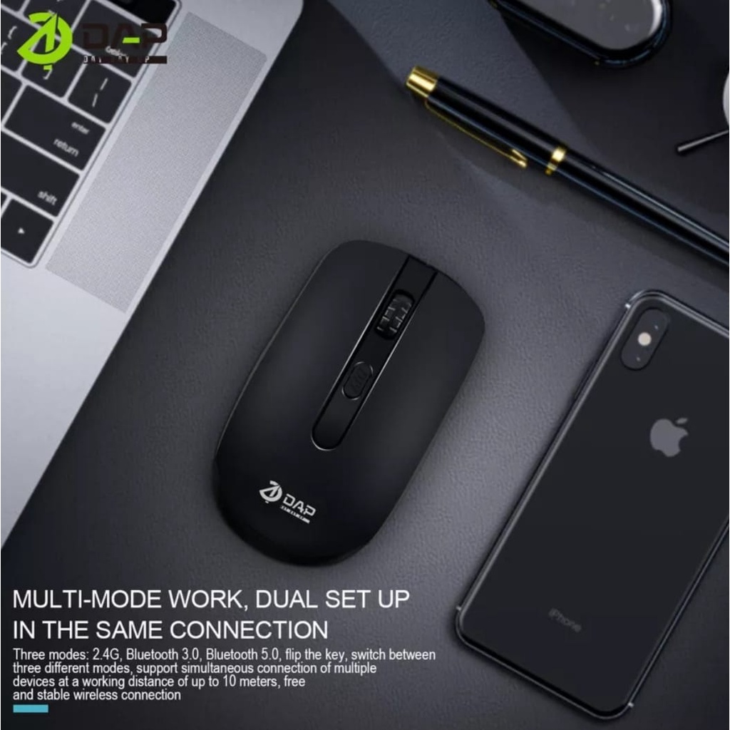 Mouse Bluetooth Wireless DAP W017 2.4GHz Silent Optical Wired 1200DPI Original Free Baterai-Mouse Bluetooth Wireless PC Komputer-Laptop-Windows,Linux.Mac Os Silent