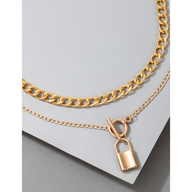 LRC Kalung Fashion Golden Geometric Chain One Word Buckle Lock Multi-layer P75583